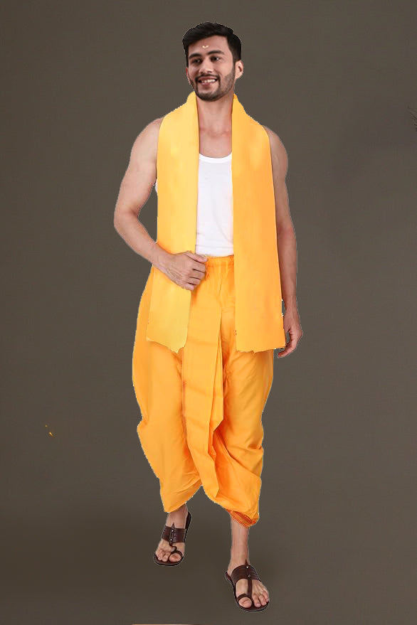 Yellow Men's Dhoti & Angavastra For Yagya/ Sadhana