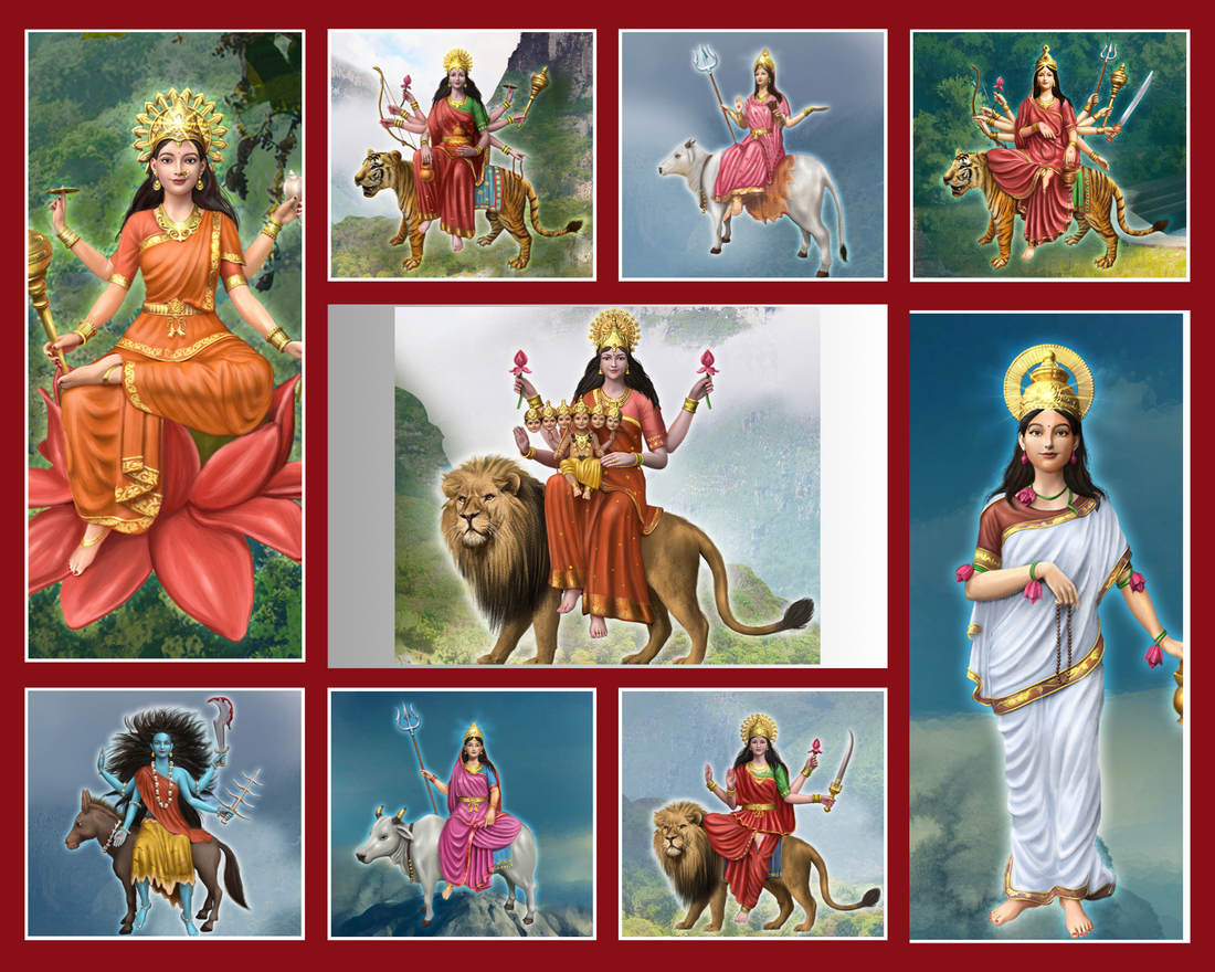 Nine forms of Navdurga — illustrated collage of all 9 goddesses worshipped in Navratri