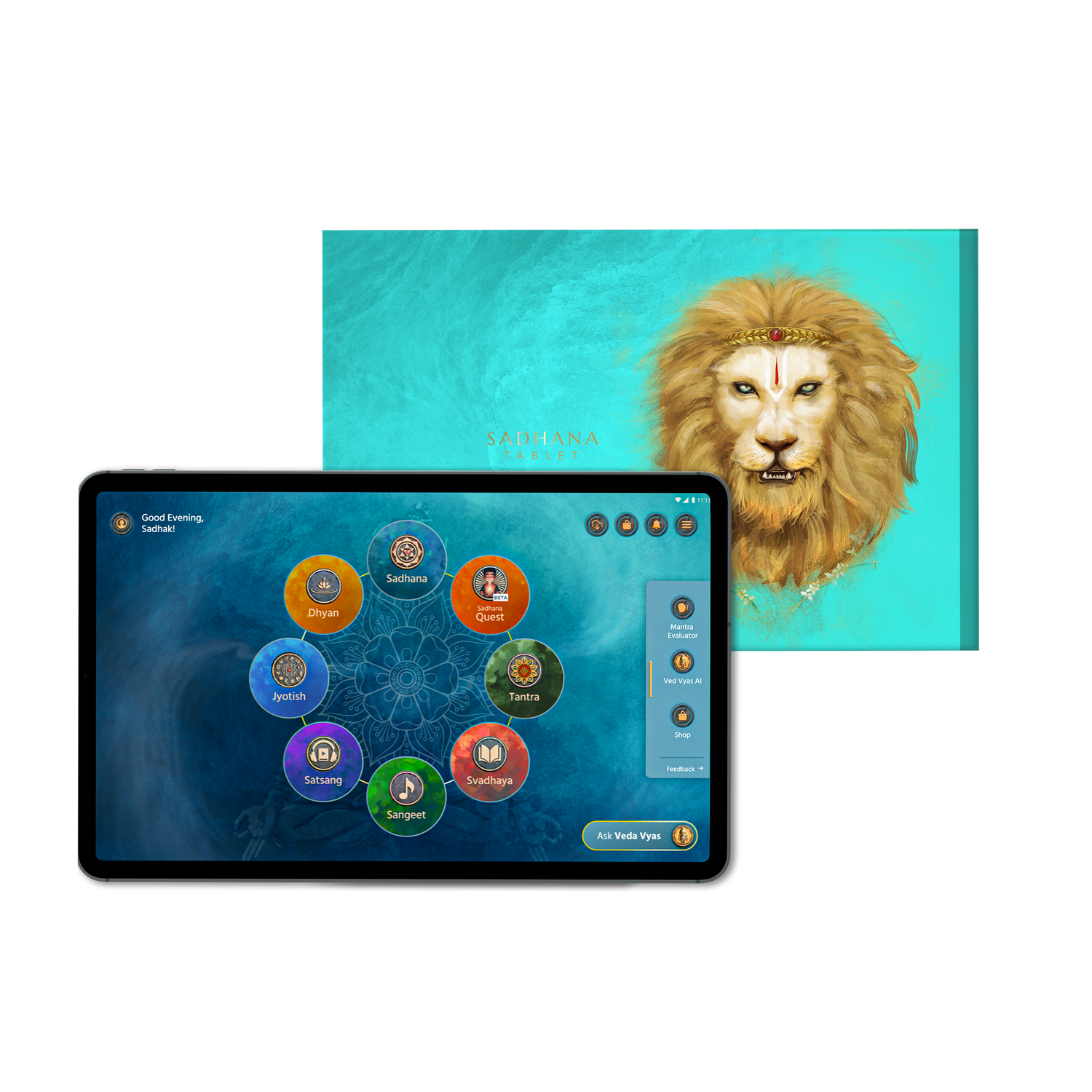 Sadhana Tablet home screen — guided meditation and mantra sadhana content library