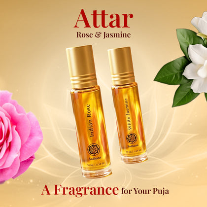 Sugandhim Divine Duo – White Jasmine & Rose Attar Combo for Puja (2 x 10ml)