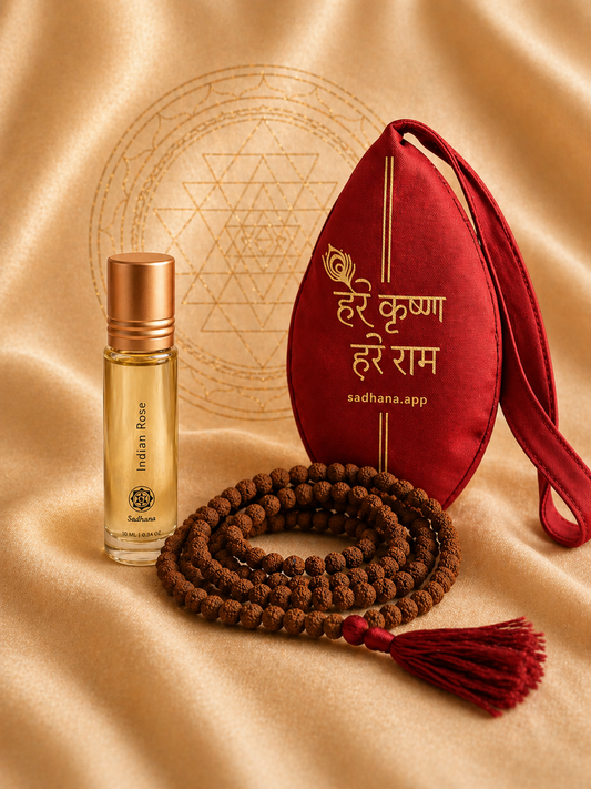 Japa Sadhana Set — Mala, Gaumukhi & Rose/Jasmine Attar